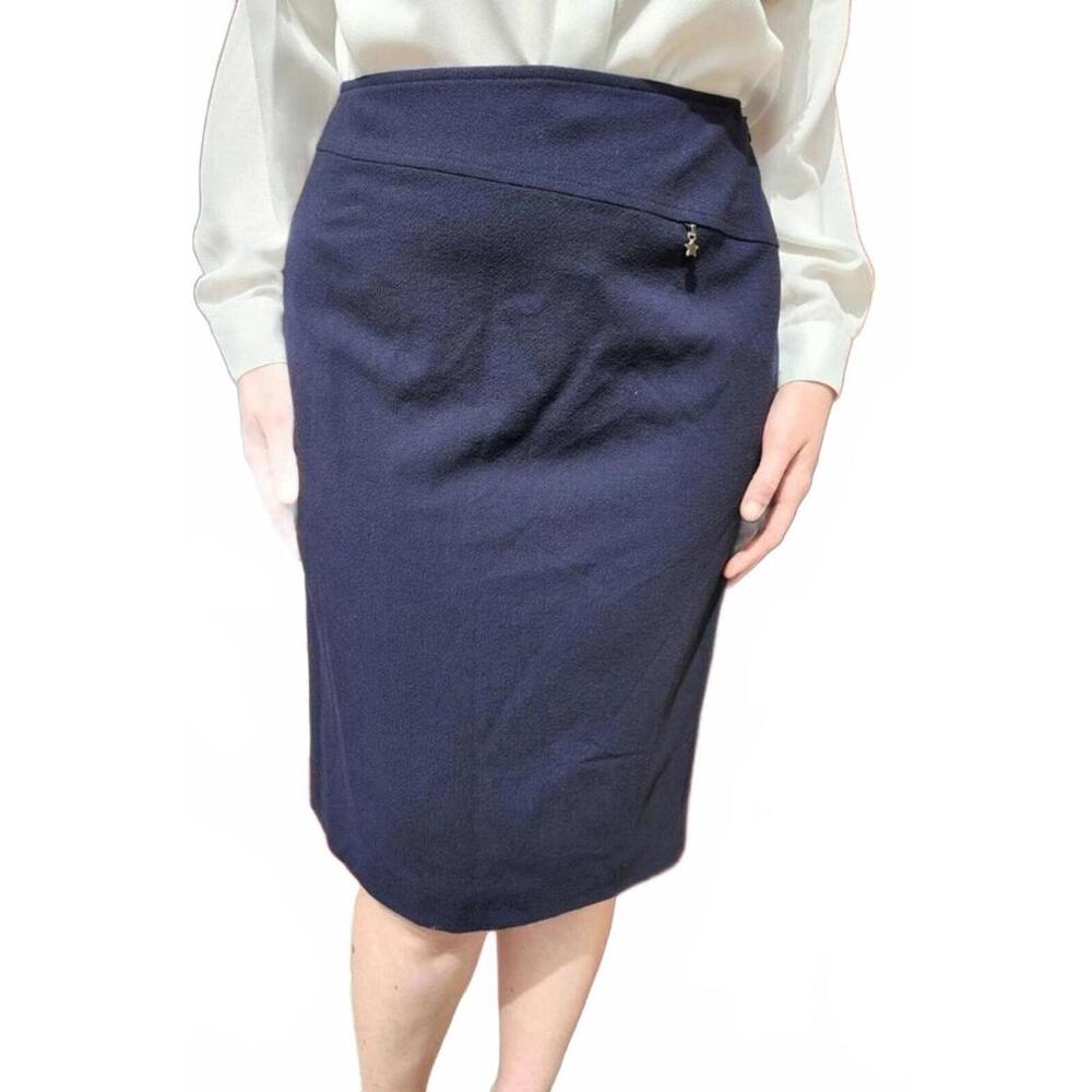 Escada 40 / US 10 Navy Wool Blend Pencil Skirt
